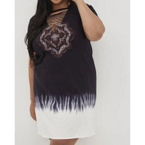 Torrid Mini Tshirt Dress Dip Dye Size 3X Slashed Edgy Black White grunge